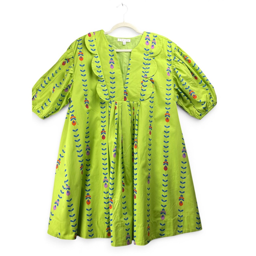 Karlie Lime Green Floral Scallop Ruffle V-Neck Puff Sleeve Babydoll Mini Dress L
